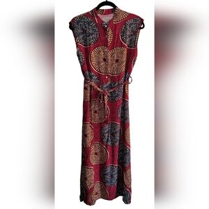 Bohemian Style Mandarin Collar Multicolor Patterned Tie-Belt Fit and Flare Dress